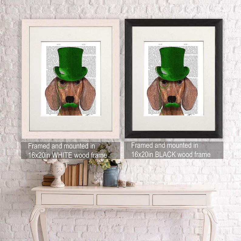 Red Dachshund Green Top Hat whimsical dog print Dog wall décor dog top hat classy dog wiener dog unique wedding gift idea teacher gift image 3