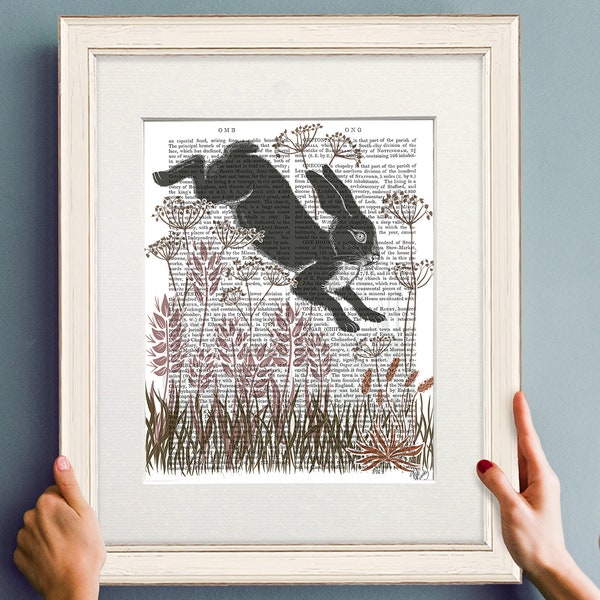 Jumping hare print, Lino cut style, Book page artwork, Woodland home decor, Rabbit illustration, Large canvas print, Botanical wall art,