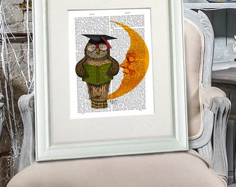 Owl Print - Owl On the Moon - teacher gift Owl art Owl gift owl home décor Owl Nursery décor owl nursery art woodland owl Owl décor owl wall