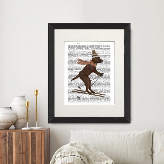 Labrador Dog Skiing Art Print, Vintage Style Whimsical Wall Decor