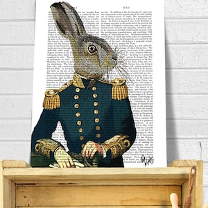 Lieutenant Hare : Military Print, rabbit print Wall Art Wall Decor, steampunk hare art print gift for men him digital painting digital print