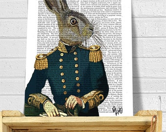 Lieutenant Hare : Military Print, rabbit print Wall Art Wall Decor, steampunk hare art print gift for men him digital painting digital print