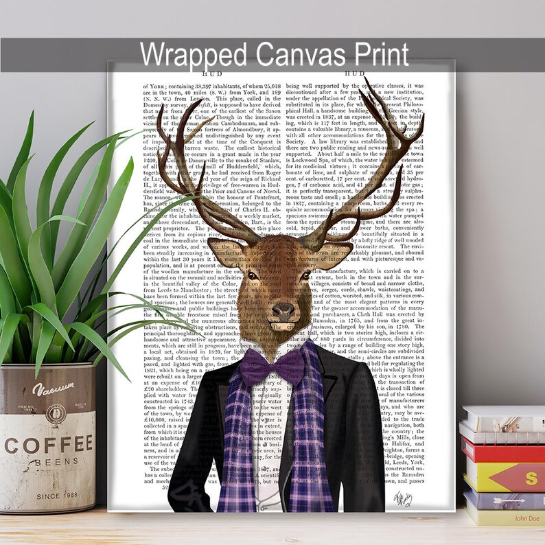May include: A whimsical illustration of a deer wearing a purple bow tie, a black suit jacket, and a purple and black plaid scarf. The deer's head is superimposed on a page of text from an old book.