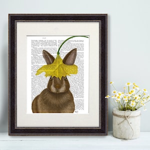 Rabbit nursery art - Daffodil Rabbit - Bunny painting Rabbit decor Hare print Woodland animal art Funny animal print Cute gift ideas Uk shop