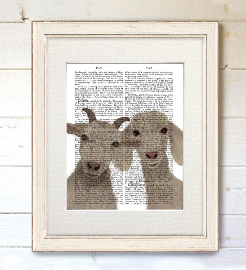 May include: Two brown and white goats peeking out from behind a vintage book page. The goats are looking directly at the viewer with their tongues sticking out. The text on the page is about the history of the town of Patney, England.