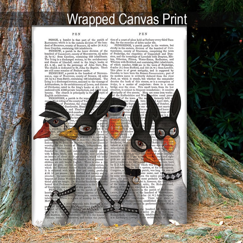 May include: Four geese wearing black leather masks and collars with a black and white text background. The text is from an old book about the history of England.
