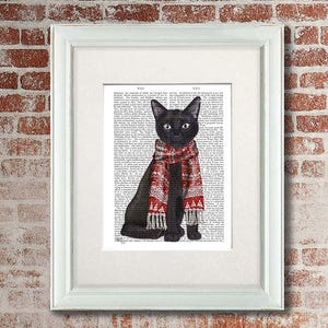 Black cat lover gift - Black cat red scarf - Cabin decor Winter decor lodge decor ski decor womens gift gift for mother cat lady gift ideas