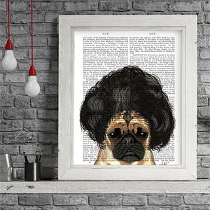 Pug Dog with Bad Wig, dog poster dog wall decor dog illustration dog picture dog gift dog lover dog print dog art pug print, puggle, pug art