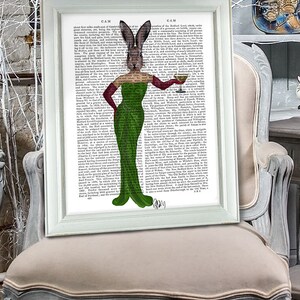 Rabbit Art print - Green Dress - vintage Dictionary Page Dictionary print rabbit picture birthday gift for mom gift for wife woodland animal