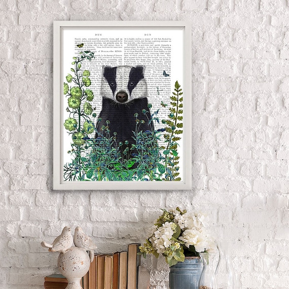 Floral Flower Plant Design Badger in Floral Wreath Art Print Illustrated Badger Gift Illustration Garden Home Wall Decor Nursery