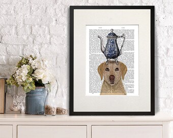 labrador retriever dog labrador retriever art print labrador retriever painting - Blue and white Teapot -  whimsical art dog art dog lover