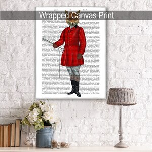 May include: A fox wearing a red hunting jacket and black boots, holding a riding crop. The fox is standing in front of a page of text from a vintage book. The text is in black and white. The image is a digital illustration.