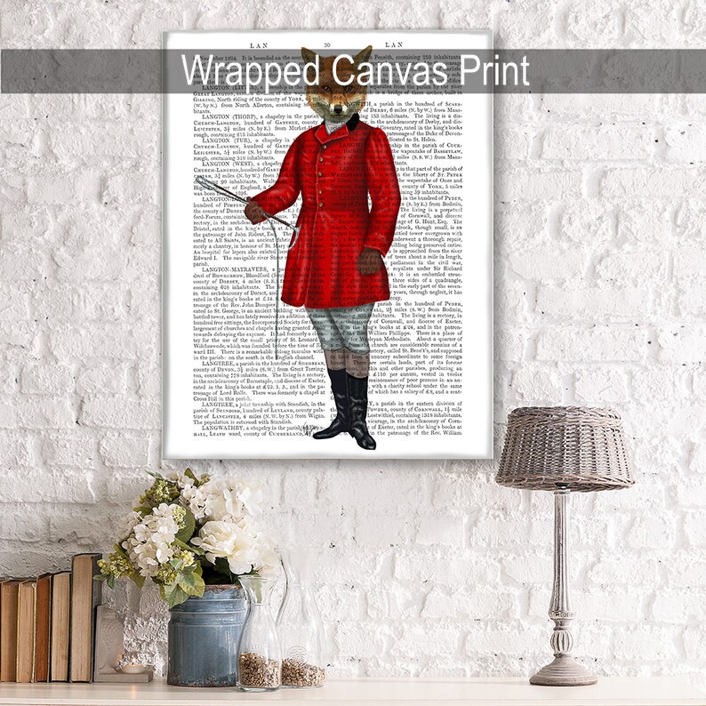 May include: A fox wearing a red hunting jacket and black boots, holding a riding crop. The fox is standing in front of a page of text from a vintage book. The text is in black and white. The image is a digital illustration.
