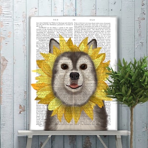 Dog humour - Husky sunflower- Siberian husky dog painting kids wall flower print yellow decor funny gift for her cute present teen bedroom