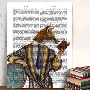 Fox Art Print - Fox Reader - Fox print fox picture fox illustration fox wall art gift for bookworm book lover gift Library décor book nerd