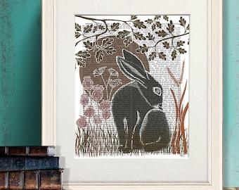 Hare Lino Cut Style Print, Bunny Rabbit Nursery Decor, Dictionary Art