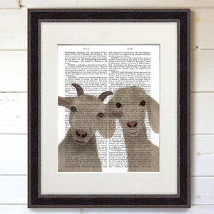 May include: A vintage book illustration of two goats peeking out from the pages of a book. The goats are brown and white with black eyes and noses. The book is open to a page with text about the town of Patney, England.