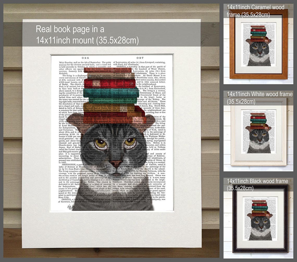 Grey Cat Books on Head - Cat Print Cat Art Gift for Bookworm Gift Book ...