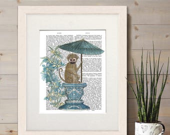 Chinoiserie Monkey with Umbrella print, Cute Monkey and parasol chinese style wall art, asian oriental decor, vintage book page art
