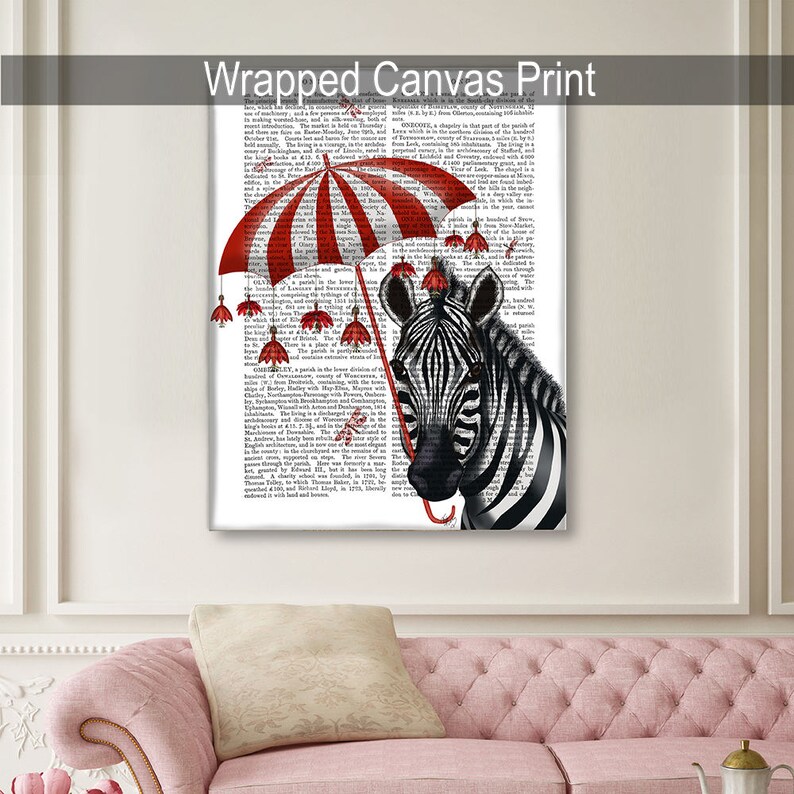 Zebra Print Umbrella Sideways Zebra art zebra wall art zebra painting Cute animal art for kids rooms circus art print circus wall décor image 4