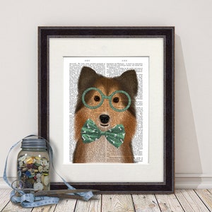 Shetland Islands dog - Shetland sheepdog glasses and bow tie - Sheltie print Sheltie decor Sheltie art Dog art painting Dog decor for home