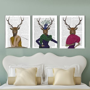 Set of 3 Deer Ladies Dictionary Prints, Deer illustration, Antlers decor, Art collection, Womens gift, Girls bedroom decor, Stag art print