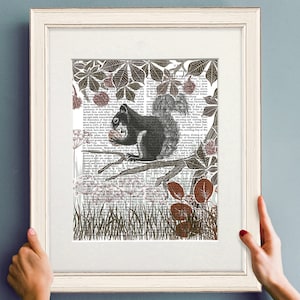 Squirrel with nut, Lino cut style, Book page art, Country garden decor, Botanical pictures, Woodland animal art, Nursery room wall art