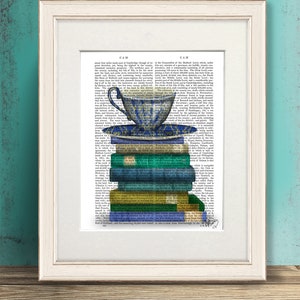 Teacup & Books Print – FabFunky Teal Book Lover Gift