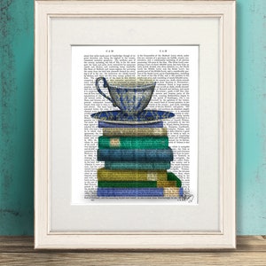 Book lover gift - Teacup & Books - Cup of tea lover cup of coffee lover book nerd library print bookworm gift for book lover teal room decor