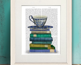 Book lover gift - Teacup & Books - Cup of tea lover cup of coffee lover book nerd library print bookworm gift for book lover teal room decor