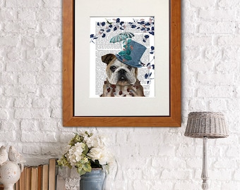 English Bulldog Print - Milliners Dog Print - English Bulldog art Whimsical dog art gift for dog lovers Living room decor family room wall