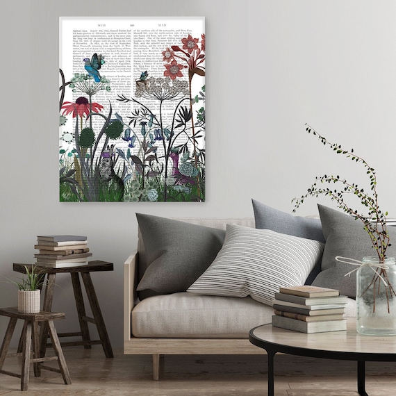 Rabbit art Flower garden wall decor Country theme room floral print butterflies bunny gift Farmhouse art Book page - Wildflower bloom rabbit