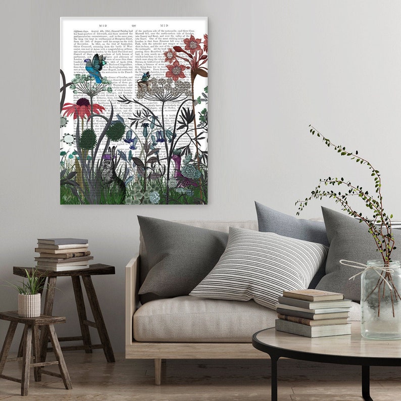 Lapin art Fleur jardin décoration murale Pays thème chambre imprimé floral papillons lapin cadeau ferme art Page de livre - Fleur sauvage lapin image 1