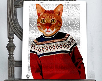 Ginger Cat art in Ski Sweater Marmalade Cat poster ski poster ski lodge decor Ginger Cat print ginger cat poster lake house décor wife gift