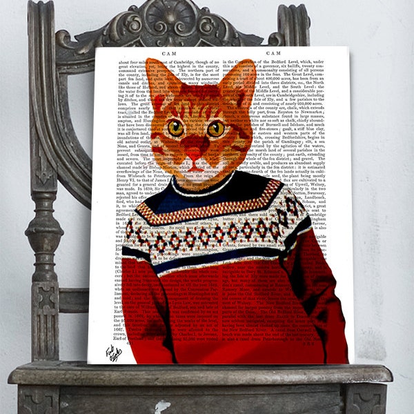 Ginger Cat art in Ski Sweater Marmalade Cat poster ski poster ski lodge decor Ginger Cat print ginger cat poster lake house décor wife gift