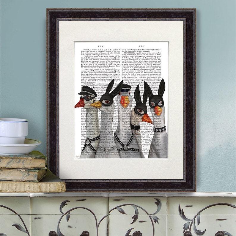 May include: A framed print of four geese wearing different masks. The geese are wearing a police officer's hat, a bunny rabbit mask, a military officer's hat, and a black bunny rabbit mask. The print is on a white background with black text.