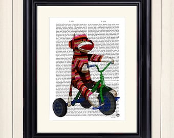 Sock Monkey on Tricycle - Sock Monkey print Sock Monkey art modern Nursery Art for Kids Room Décor Kids room art Unique kid gift boys room