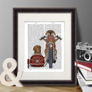 Póster del perro perdiguero - Golden retriever chopper y sidecar - Regalo retriever Decoración del perro Decoración del perro Impresión del perro Arte de la pared amante del perro Regalo del dueño de la mascota