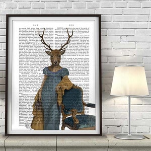 Woodland print - Deer in blue dress - country home décor country pictures anthropomorphic art anniversary gift for wife gift for mom poster