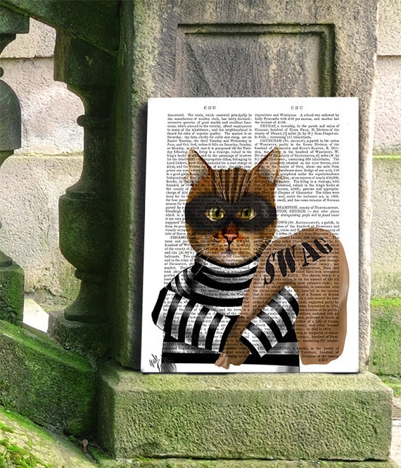 ストライプ柄の猫アートプリント トラ猫プリント 泥棒猫 泥棒猫アートプリント 壁アート 壁飾り トラ猫
