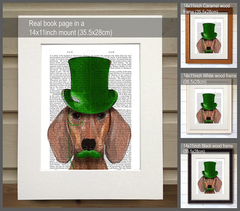 Red Dachshund Green Top Hat whimsical dog print Dog wall décor dog top hat classy dog wiener dog unique wedding gift idea teacher gift image 2