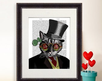 Mad Hatter Cat -  Cheshire Cat Art Mad Hatter Gift for alice lover Alice in wonderland book print mad hatter tea party