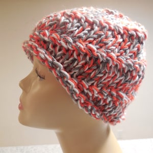 Knit Beanie in Orange, Gray and White
