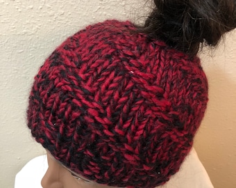 Womans Winter Knit Wool-Mix Messy Bun Hat