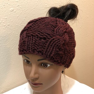 Womans Winter Knit Messy Bun Hat in Burgandy