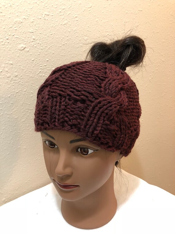 BT-6020a-64 BeanieTail Winter Knit Hat – Messy Bun & Ponytail Beanie For Women, Burgundy - View #4