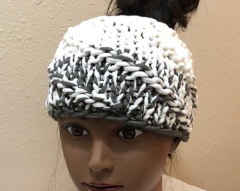 Messy Bun Knit Hat in Gunmetal Gray and White