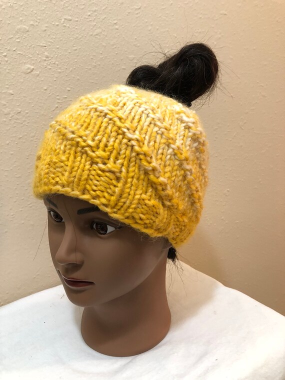 Winter Knit Womans Messy Bun Hat in 