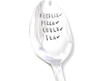 Netflix Tea Pizza Couch Weekend Spoon --Antique Silver Plated Spoon - Hand Stamped Spoon - Vintage Hand Stamped Spoon