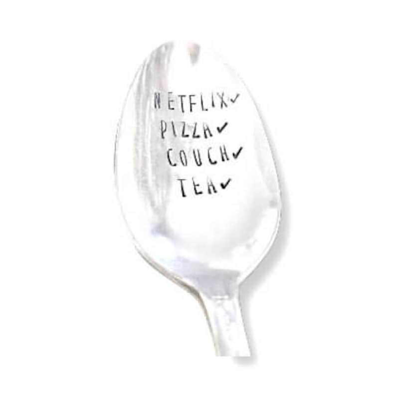 Netflix Tea Pizza Couch Weekend Spoon Antique Silver Plated Spoon Hand Stamped Spoon Vintage Hand Stamped Spoon image 1